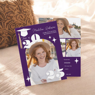 Boho purple Stars Modern 4-Photo Graduation  Invitation