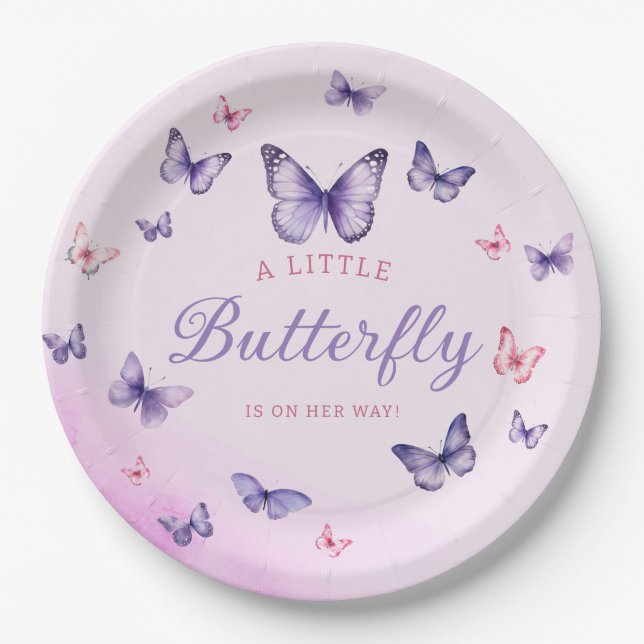 Boho purple watercolor butterfly girl Baby Shower  Paper Plate (Front)