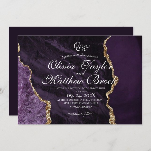 Boho Purple Wedding Scrip Agate Violet and Gold  Invitation (Front/Back)