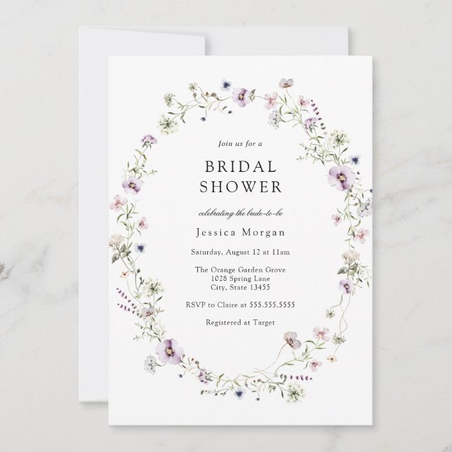 Boho Purple Wildflower Wreath Bridal Shower Invitation (Front)
