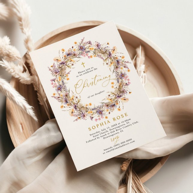 Boho Purple Wildflowers Christening Invitation (Creator Uploaded)