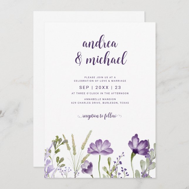 Boho Purple Wildflowers Grass Wedding Invitations (Front/Back)