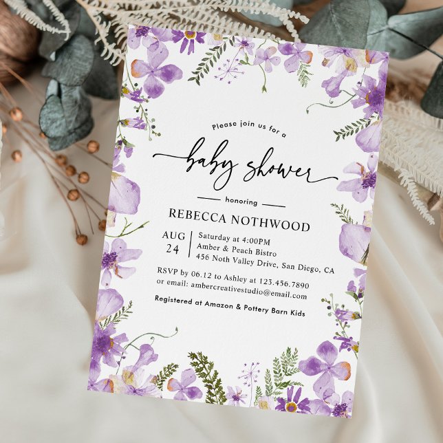 Boho Purple Wildflowers Neutral Baby Shower   Invitation (Creator Uploaded)