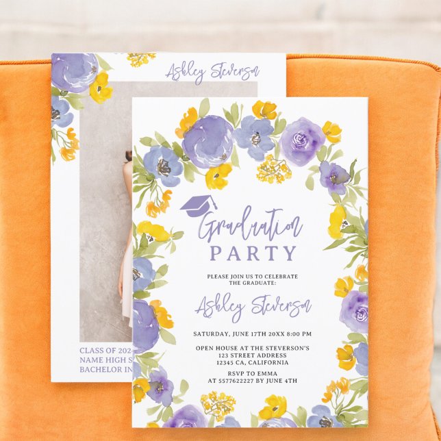 Boho purple yellow garden floral graduation invitation (Boho purple yellow garden floral graduation invitation)