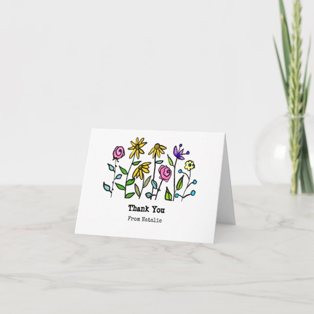 Boho Purple Yellow Wildflowers Personalised Retro Thank You Card (Front)