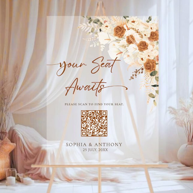 Boho QR Code Wedding Seating Chart Acrylic Sign (Modern Clear Style + QR Convenience.)