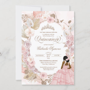 Boho Quinceanera Pink Roses Dried Floral Orchid  Invitation