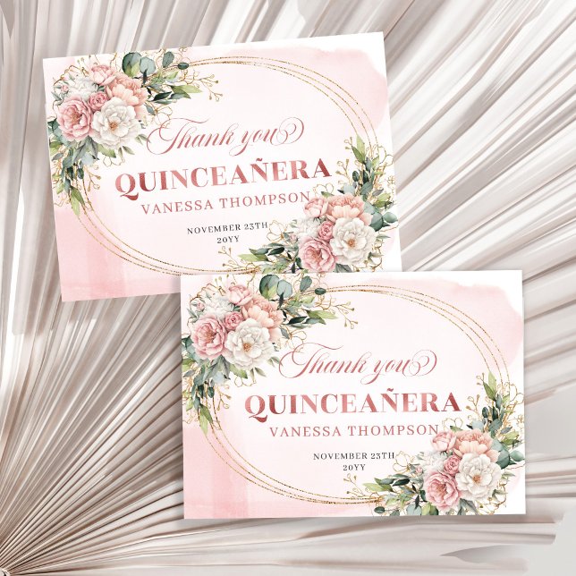 Boho Quinceañera Thank You Card Rose Gold Floral  (Boho Quinceañera Thank You Card Rose Gold Floral Eucalyptus)