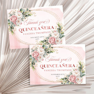 Boho Quinceañera Thank You Card Rose Gold Flowers