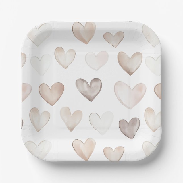 Boho Quirky Cream Beige Hearts Pattern Paper Plate (Front)