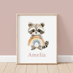 Boho Racoon And Rainbow Baby Name Nursery Art Poster