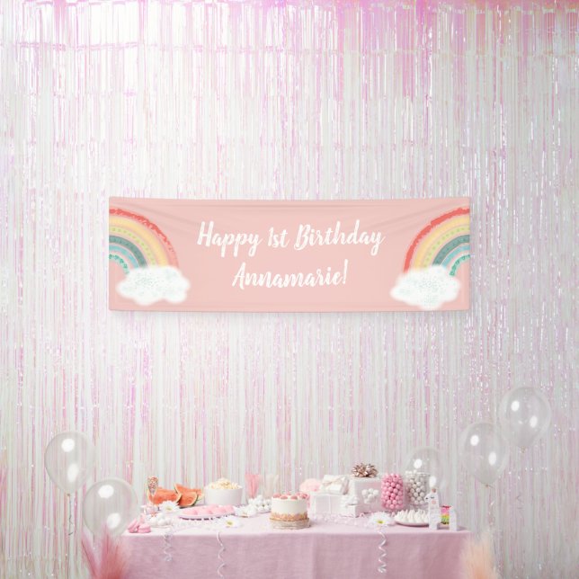 Boho Rainbow 1st Birthday Party Pink Girl Banner (Party)