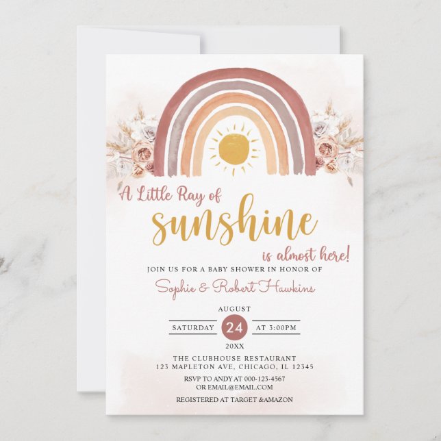 Boho Rainbow A Little Ray of Sunshine Baby Shower Invitation (Front)
