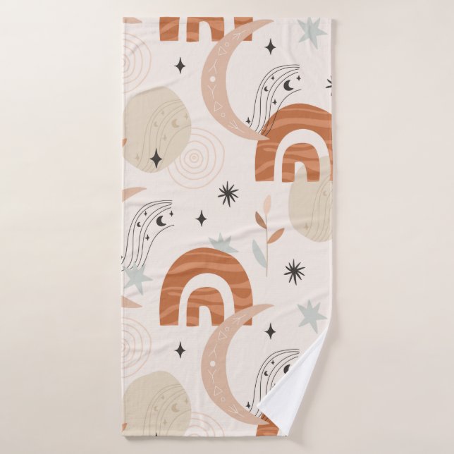 Boho rainbow abstract line art moon stars flowers bath towel (Bath Towel)