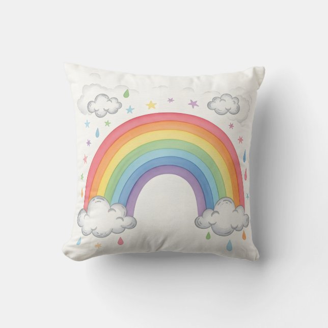 Boho Rainbow and Clouds Watercolor Kids Playroom Cushion (Front)