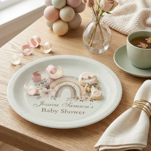 Boho Rainbow And Flowers Baby Shower Paper Plate