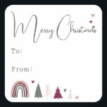 Boho Rainbow and Hearts Merry Christmas To From Square Sticker<br><div class="desc">Celebrate the joy of the season with this boho rainbow and hearts Merry Christmas to from square sticker. The unique and chic editable script creates a touch of charm and individuality. Its simple design features colourful bohemian rainbows, hearts, and Christmas trees that evoke a whimsical winter ambiance. With a clean,...</div>