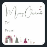 Boho Rainbow and Hearts Merry Christmas To From Square Sticker<br><div class="desc">Celebrate the joy of the season with this boho rainbow and hearts Merry Christmas to from square sticker. The unique and chic editable script creates a touch of charm and individuality. Its simple design features colourful bohemian rainbows, hearts, and Christmas trees that evoke a whimsical winter ambiance. With a clean,...</div>