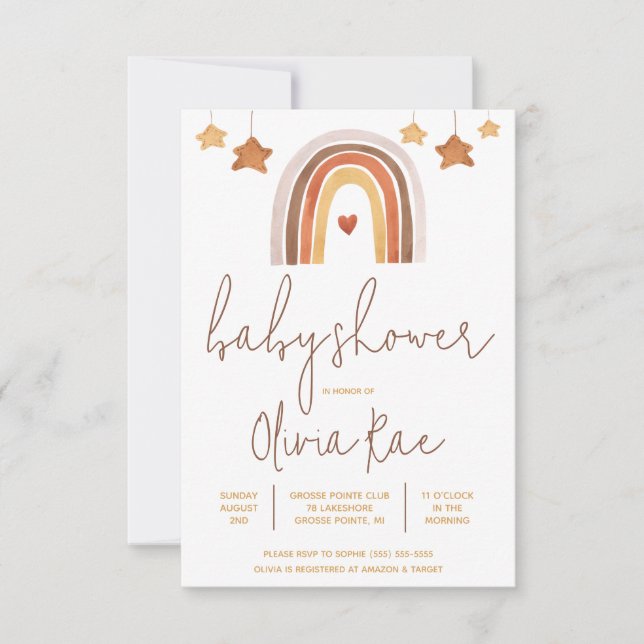 Boho Rainbow and Stars Gender Neutral Baby Shower Invitation (Front)