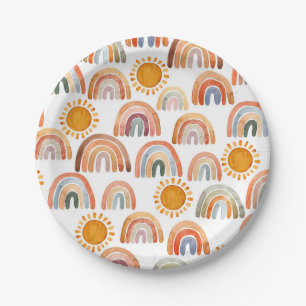 Boho Rainbow and Sun Watercolor  Paper Plate