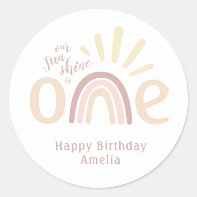 Boho Rainbow and Sunshine 1st Birthday Classic Round Sticker (Front)