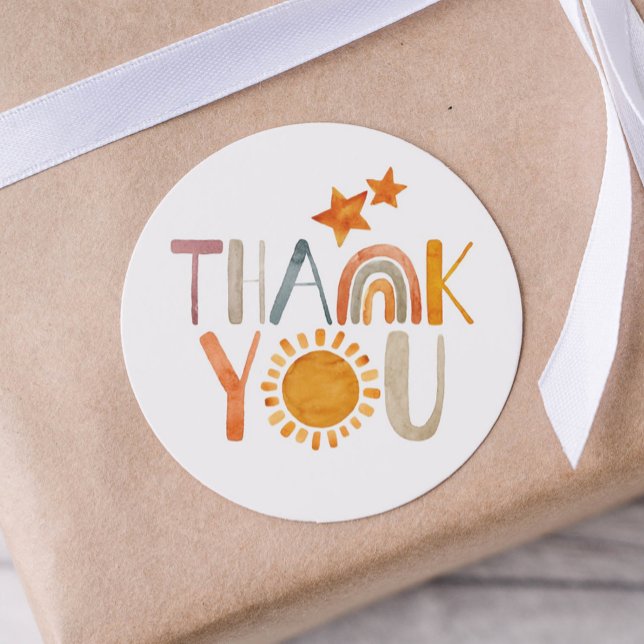 Boho Rainbow and Sunshine Colourful Thank You  Classic Round Sticker (Creator Uploaded)