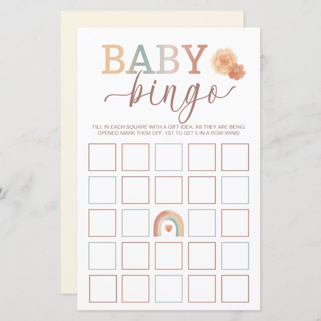 Boho Rainbow Baby Bingo Game – Watercolor Baby Sho (Front/Back)