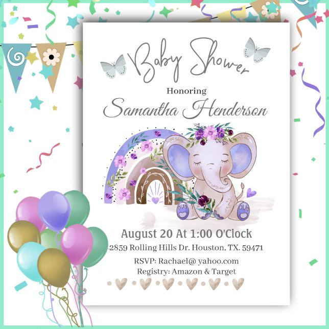  Boho Rainbow Baby Elephant Baby Shower  Invitation (Creator Uploaded)