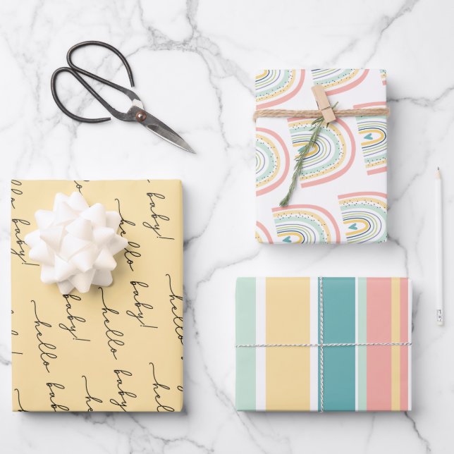 Boho Rainbow Baby Gender Neutral "Hello Baby" Wrapping Paper Sheet (Front)