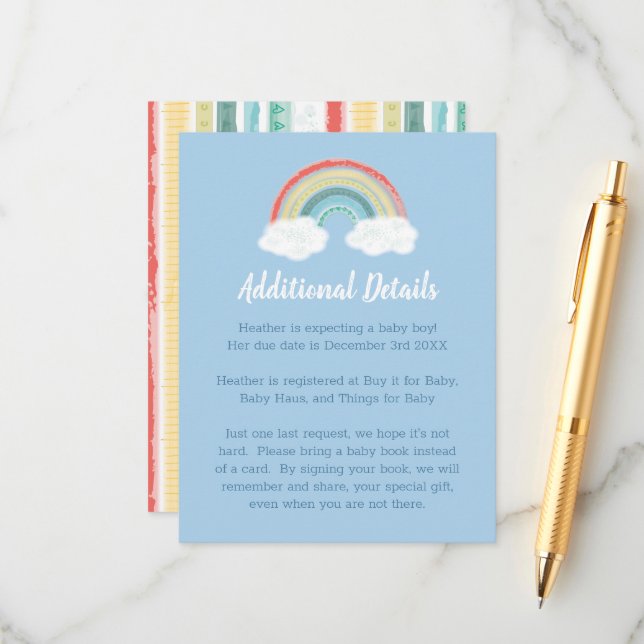 Boho Rainbow Baby Shower Blue Boy Enclosure Card (Front/Back In Situ)