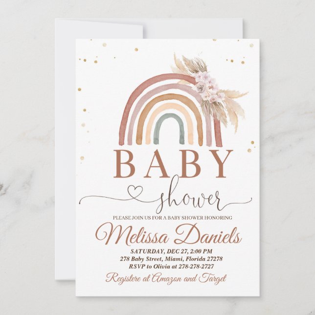 Boho Rainbow Baby Shower Invitation Pink Pampas (Front)