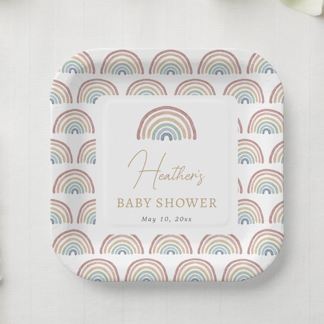 Boho Rainbow Baby Shower Paper Plate (Boho Watercolor Rainbow Baby Shower Paper Plates Table Decor by Painted Paperie
)