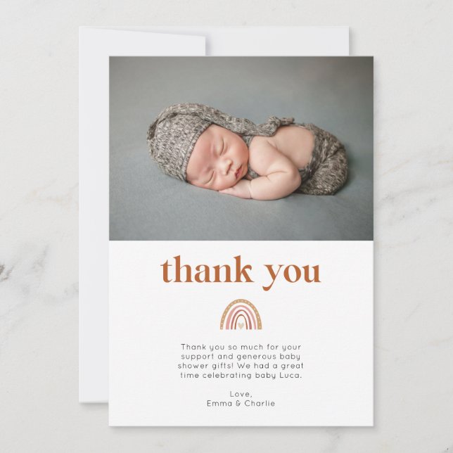 Boho Rainbow Baby Shower Photo Thank You Card (Front)