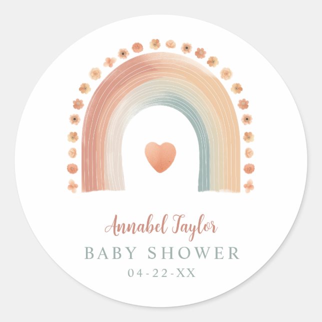 Boho Rainbow Baby Shower Sticker – Watercolor Roun (Front)