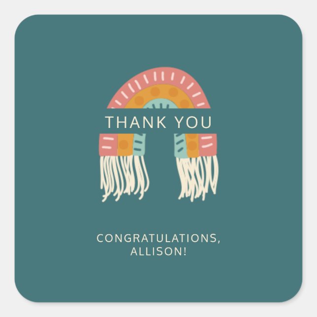 Boho Rainbow Baby Shower Thank You Favor Square Sticker (Front)