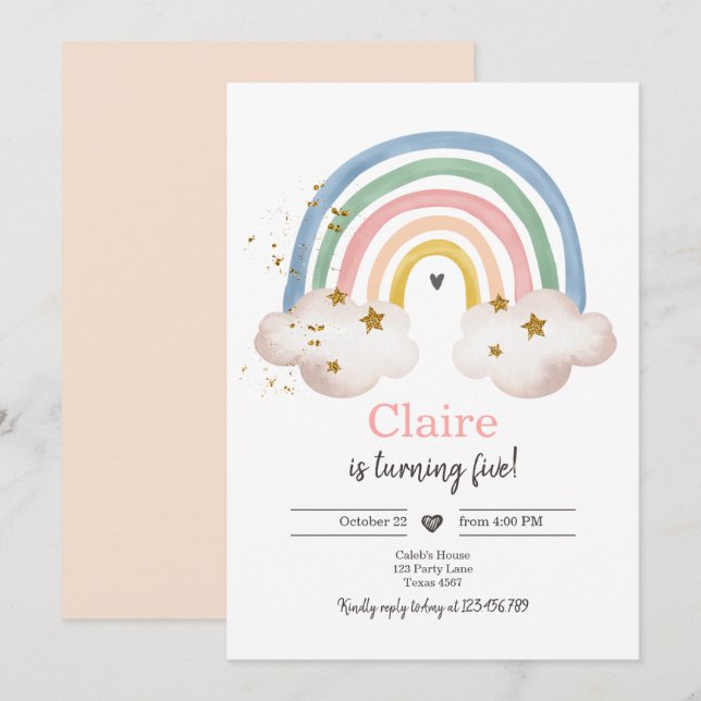 Boho Rainbow Birthday Invitation Girl Rustic (Front/Back)
