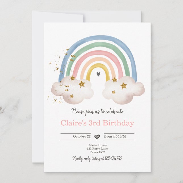 Boho Rainbow Birthday Invitation Girl Rustic (Front)
