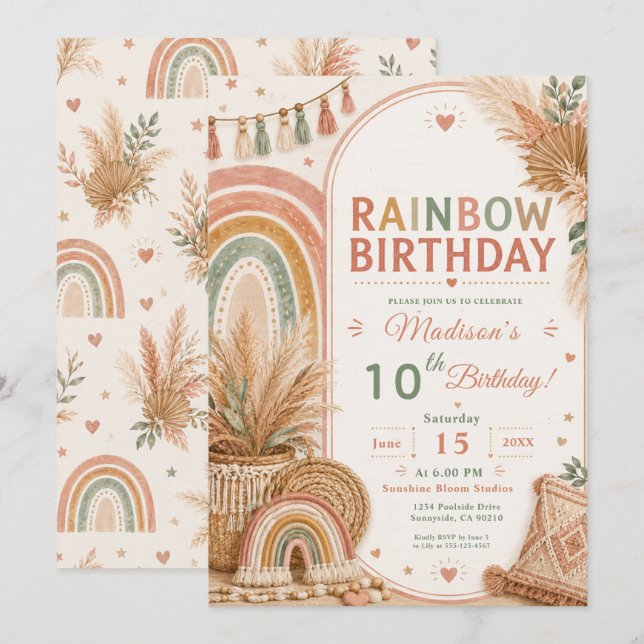 Boho Rainbow Birthday Party Invitation (Front/Back)