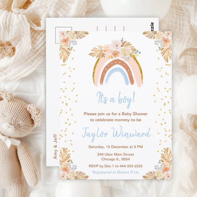 Boho Rainbow Blue Baby Shower Postcard (Creator Uploaded)