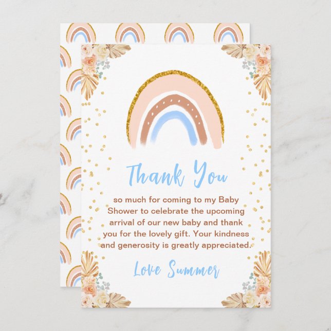 Boho Rainbow Blue Baby Shower Thank You Card (Front/Back)