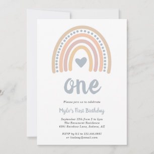 Boho Rainbow Blue Heart Cute Boy First Birthday Invitation