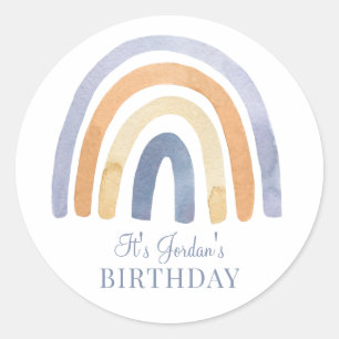 Boho Rainbow Blue Kid's Birthday Party Invitation Classic Round Sticker
