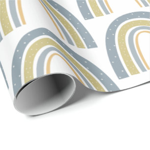 Boho Rainbow Blue White Baby Shower Wrapping Paper