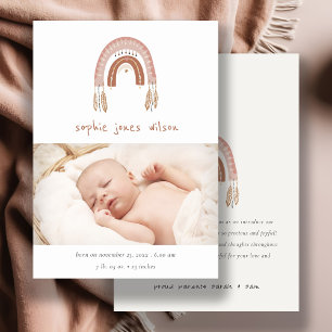 Boho Rainbow Blush Script Photo Birth Announcement