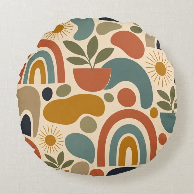 Boho Rainbow & Botanical Seamless Pattern Round Cushion (Front)