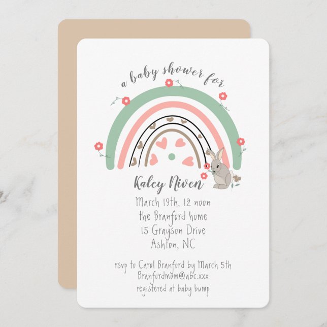 Boho Rainbow Bunny Baby Shower Invitation (Front/Back)