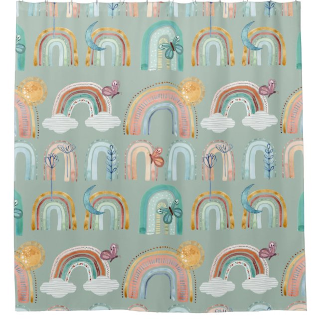 Boho Rainbow Butterfly Floral Mint Sage Terracotta Shower Curtain (Front)