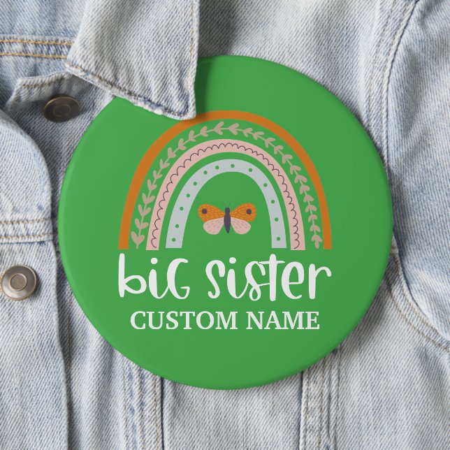 Boho Rainbow & Butterfly Personalised Big Sister 6 Cm Round Badge (In Situ)