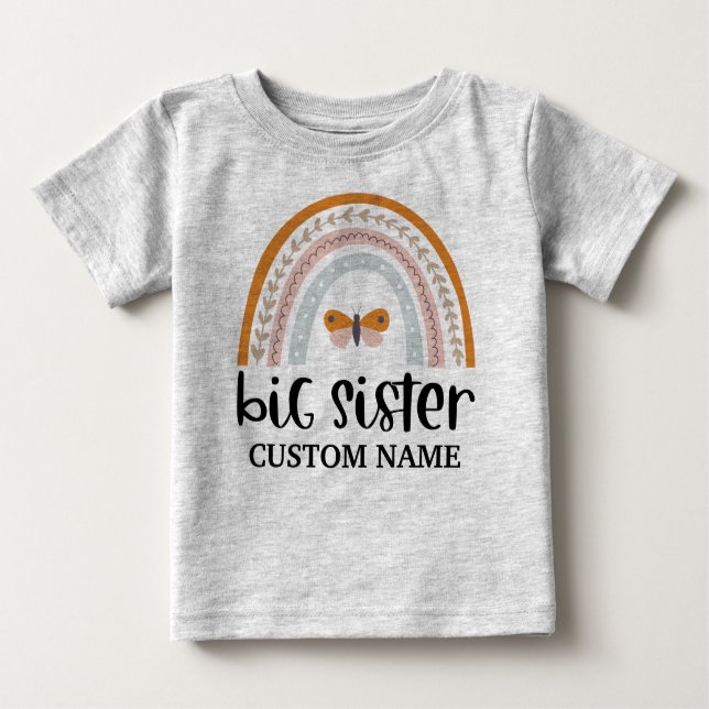 Boho Rainbow & Butterfly Personalised Big Sister Baby T-Shirt (Front)