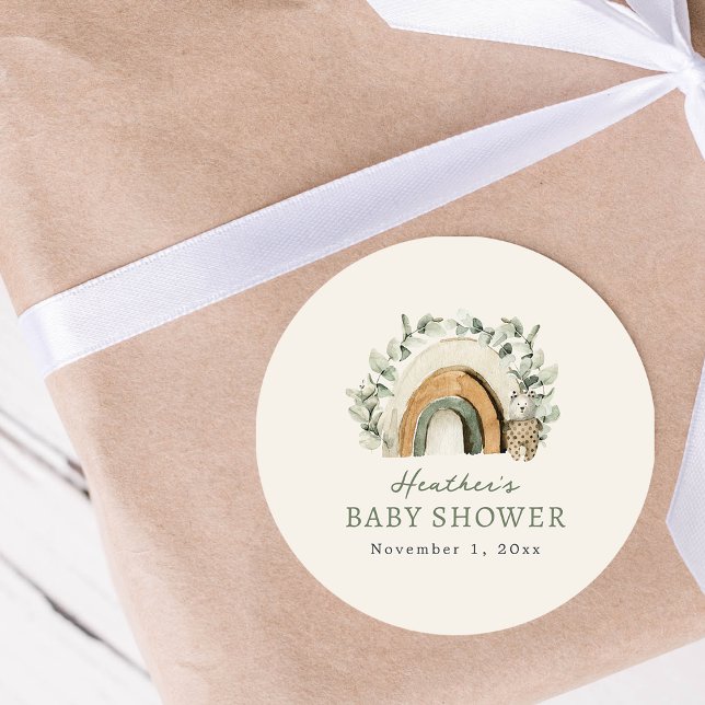 Boho Rainbow Classic Round Sticker (Boho Rainbow Classic Round Baby Shower Sticker by Painted Paperie)